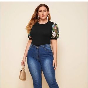 Plus Floral Embroidery Sheer Sleeve Fitted Tee